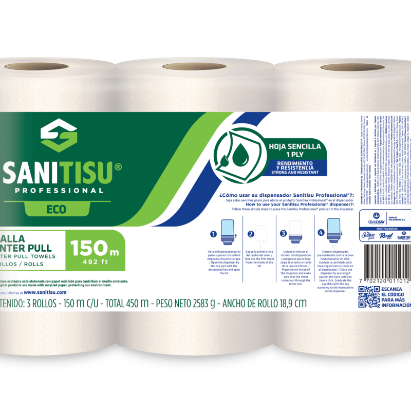 TOALLA MANO SANITISU NAT X 150 CENTER FLOW X 6 UND