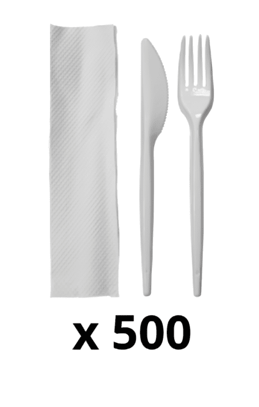 SET DE CUBIERTO DESECHABLE NEGRO DUO (CUCHILLO - TENEDOR) CON SERVILLETA  X 500 UND