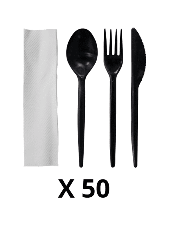 SET DE CUBIERTO DESECHABLE NEGRO TRIO (CUCHILLO-TENEDOR-CUCHARA)  X 50 UND