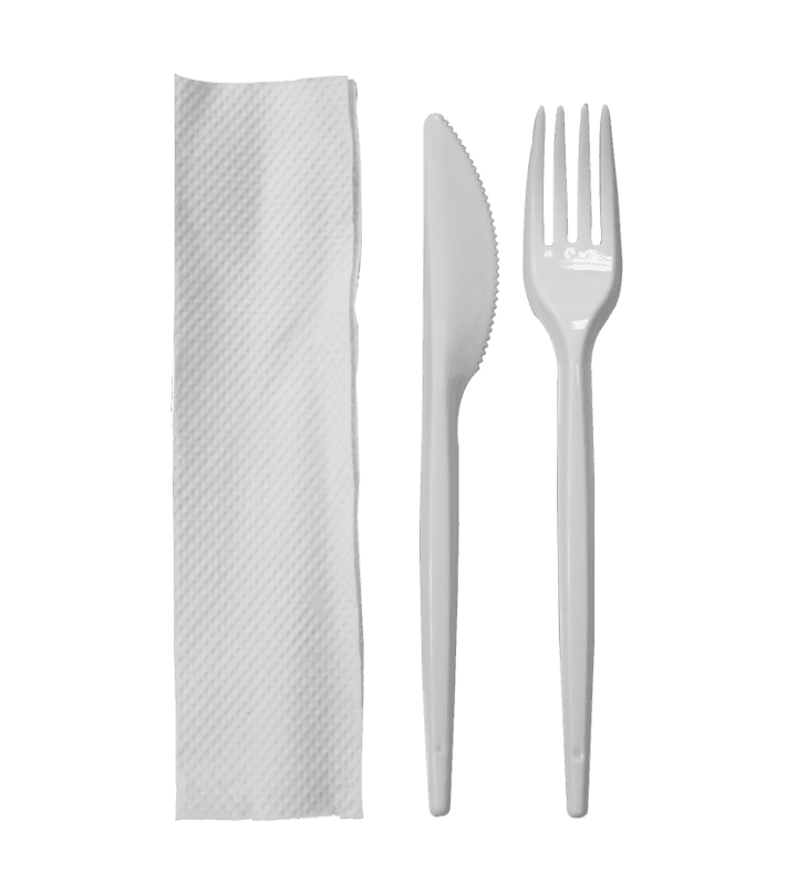 SET DE CUBIERTO DESECHABLE BLANCO DUO (CUCHILLO - TENEDOR) CON SERVILLETA